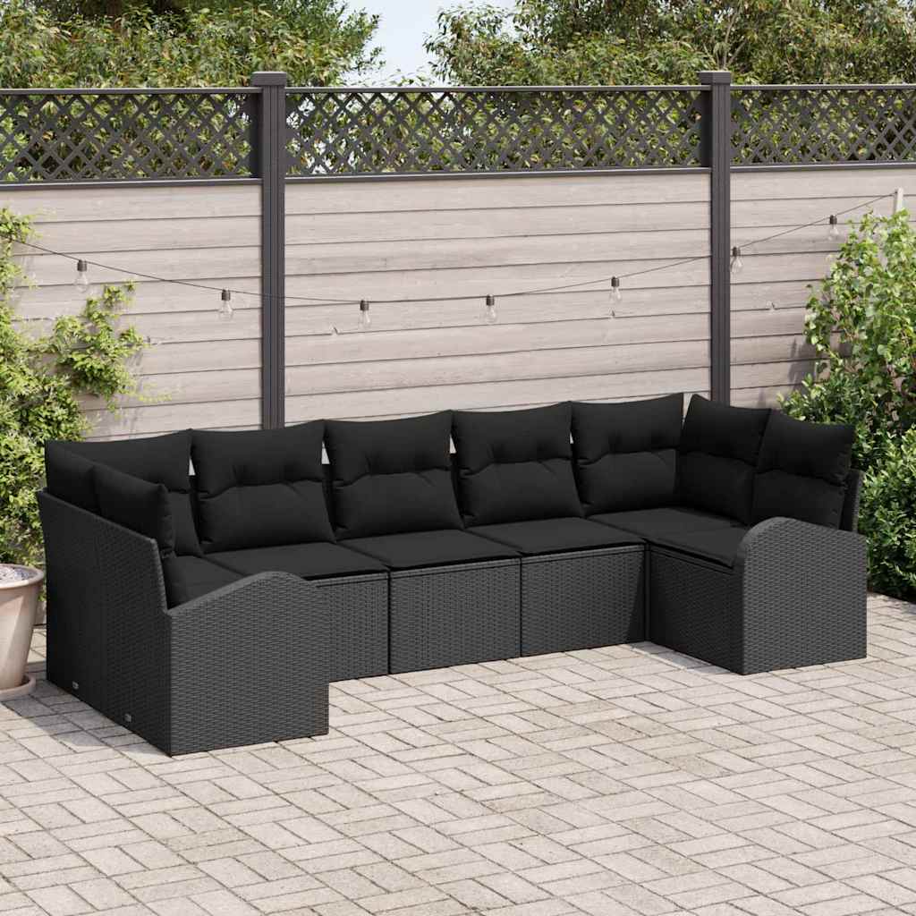 Garten-Sofa-Set mit Kissen 7 pcs Schwarz Poly Rattan